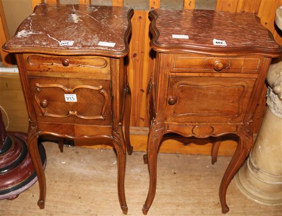 Pr French marble top bedside cabinets(-)